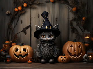 Halloween background with black cat in witch hat, pumpkins and candles