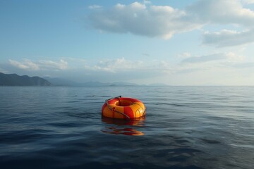 A rescue buoy floating on the sea to provide safety and assistance in water emergencies. Generative AI