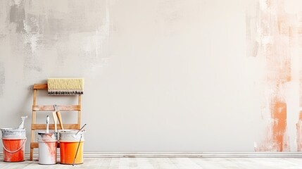 Repair and painting tools of walls in room. Renovation and decoration