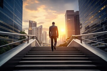 Plakat Back view of businessman walking up stairs on city background. Career and success concept