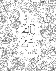 Hand drawing coloring page for kids and adults. Holiday greeting card Happy New Year 2024. Beautiful drawing with patterns and small details. Children Colouring book pictures. Vector