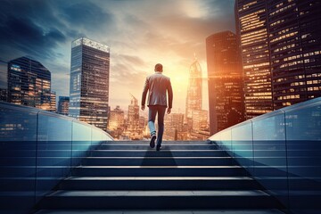 Plakat Back view of businessman walking up stairs on city background. Career and success concept