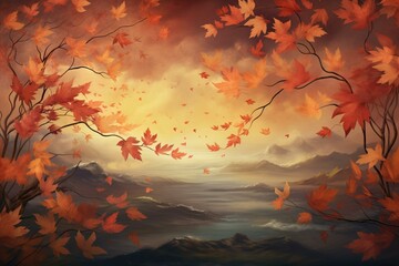 Seasonal wallpaper with autumn leaves blowing in the wind against an evening sky. Generative AI