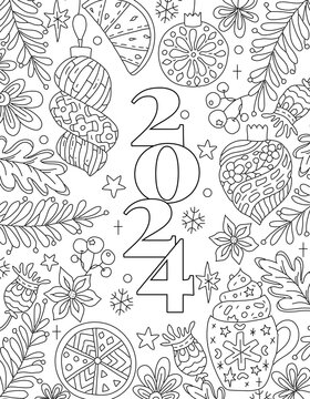 Hand drawing coloring page for kids and adults. Holiday greeting card Happy New Year 2024. Beautiful drawing with patterns and small details. Children Colouring book pictures. Vector