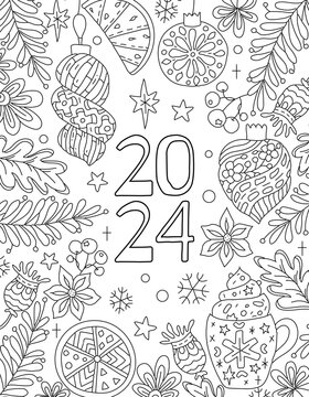 Hand drawing coloring page for kids and adults. Holiday greeting card Happy New Year 2024. Beautiful drawing with patterns and small details. Children Colouring book pictures. Vector