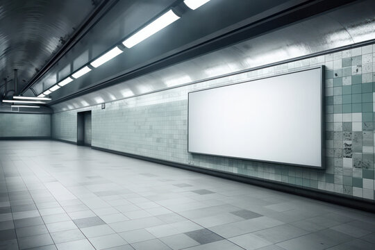 Lonely subway platform with blank screen, a perfect canvas for public art or street art installations. Nostalgic and vintage atmosphere in abandoned station. AI Generative.