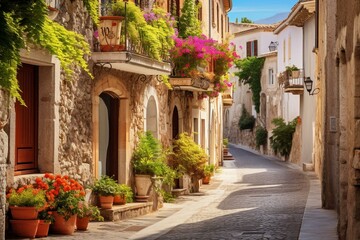 Scenic street in Antibes, France's Cote d'Azur region along the Mediterranean sea. Generative AI