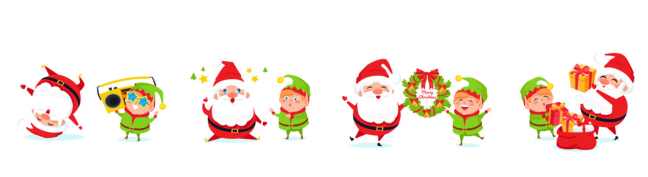 Santa Claus big Christmas and New Year set. Set of funny cartoon Santa with different emotions and situations. Happy old man give prezents. Santa with elf. Christmas scenes for your festive design