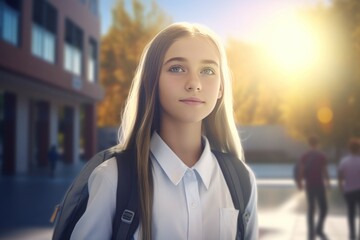 Girl student at morning campus. Generate Ai