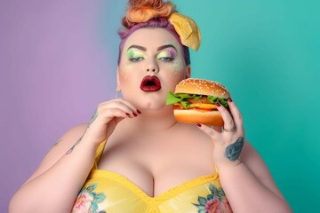 Fat woman with big hamburger. Generate Ai