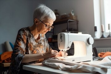 Woman work sewing machine patchwork. Generate Ai