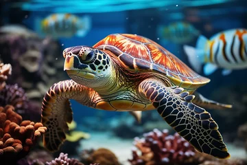 Foto op Plexiglas Beautiful turtle swimming among fishes in blue water of ocean. Beautiful nature underwater world concept. AI generated © H_Ko