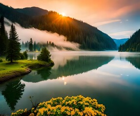 early morning sunrise over the lake generated by ai