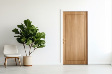 Minimalist wooden door, pristine white space, lush green indoor plants. Scandinavian-inspired decor. Generative AI