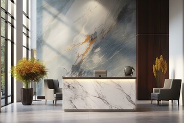 Contemporary reception area featuring a marble desk. Generative AI