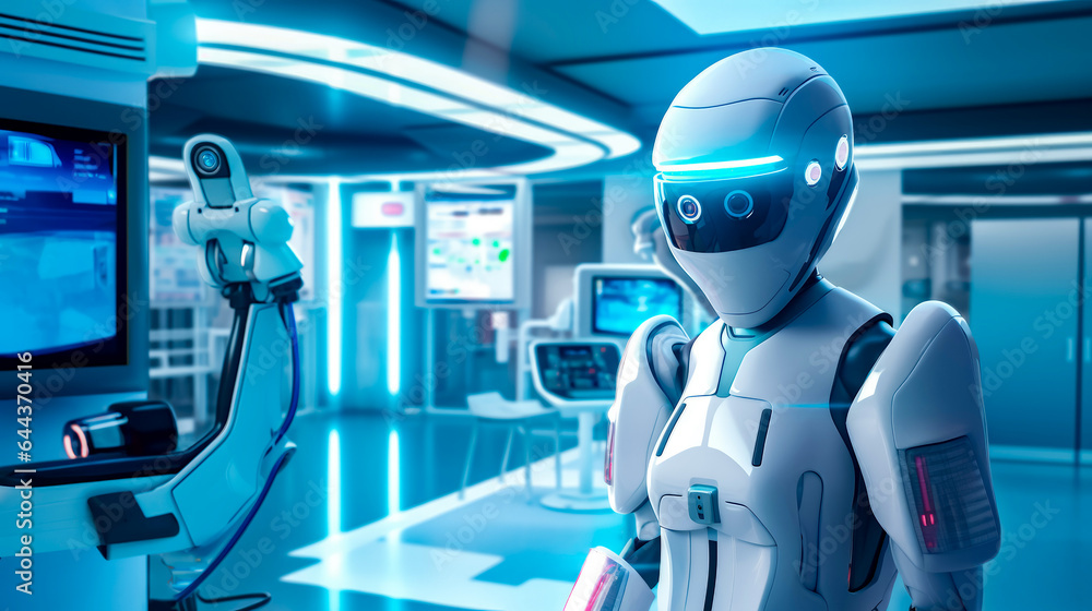 Poster robot is standing in room with other humanoids in the background.