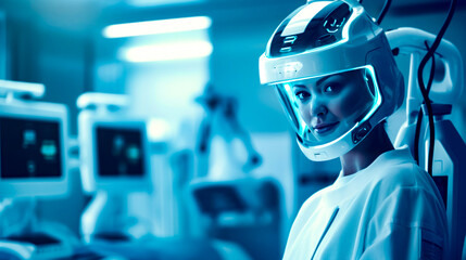 Woman wearing futuristic helmet in room with medical equipment in the background.