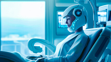 Man sitting in chair wearing white helmet and holding laptop. - Powered by Adobe