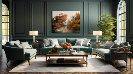 living room with dark green furniture