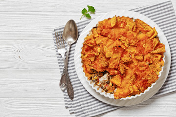 Frito chicken casserole in baking dish, top view