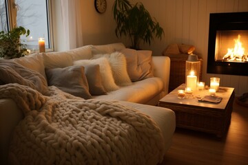 Obraz na płótnie Canvas Cozy living room with comfortable sofa & knit blanket. Generative AI