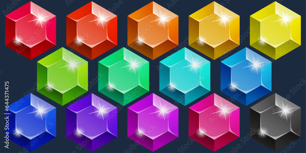 Poster A set of hexagonal gems. All colors including black gem. Set is a selection of bright shiny gems.
