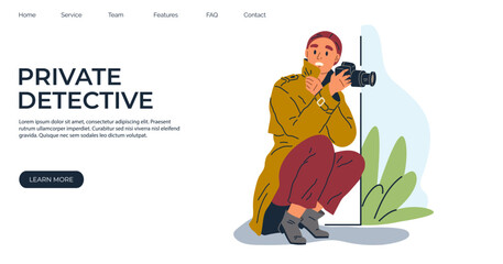 Private detective character looking through camera from bush, spying, monitoring and searching inspector on observation landing page template, spy taking photos, girl snooping, observing on mission