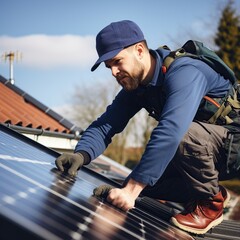 Engineer maintaining solar cell panels on the rooftop, Engineer worker install solar panel. Clean energy concept.
