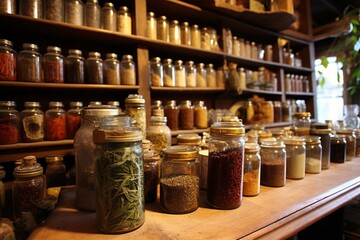 Natural herbal remedies available at a traditional holistic shop. Generative AI - obrazy, fototapety, plakaty