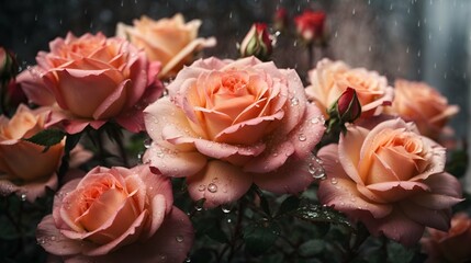 Bouquet of roses with drops of water