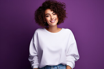 Stylish White Sweatshirt Mockup A Young Woman Showcases Design  Purple Background, Print Mock-Up. created with Generative AI
