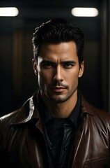 portrait of a man with dark hair in elegant leather jacket