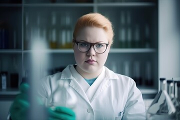 Proud woman in lab coat in a laboratory. AI generative