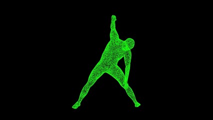 3D man performs stretching on black background. Sports and Competitions concept. Fitness and Training. Business advertising backdrop. For title, text, presentation. 3d animation.
