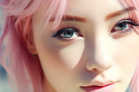 Laidback anime asian girl with pink hair. AI Generated