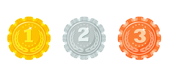 Set of winner medal for 1st, 2nd and 3rd places. Gold, Silver and Bronze Champion Award