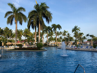 Obraz premium Huge outdoor pool with palm trees and an island