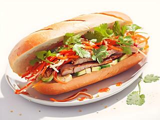 Banh Mi vietnamese sandwich, Vietnamese beef sandwich isolated, Banh Mi sandwich pork belly, Vietnamese sandwich grilled beef, Banh Mi Vietnam (b&aacute;nh m&igrave; thịt) vietnamese street food | Generative AI
