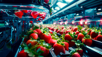 Bunch of strawberries are on conveyor belt in factory.
