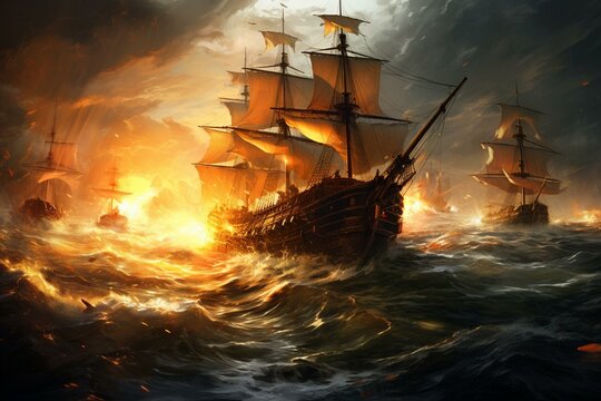 Painting depicting ancient warships braving turbulent seas. Generative AI