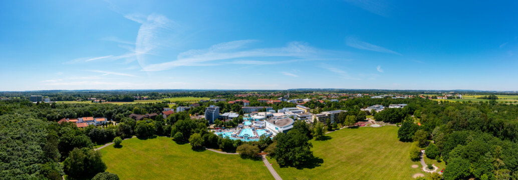 Germany, Bavaria, Bad Fussing, Drone panorama of Europa Therme spa