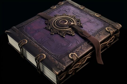 Enchanting ancient purple haze tome adorned with mystical leather binding. Generative AI