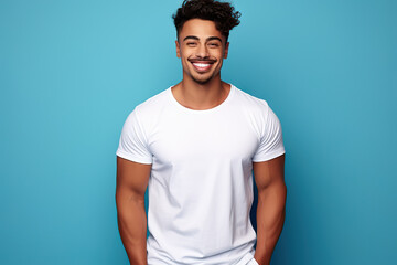 A Young Man Showcases Bella Canvas White Shirt Mockup Against a Bold Blue Background, the Ultimate T-Shirt Design Template and Print Presentation Mock-Up. created with Generative AI