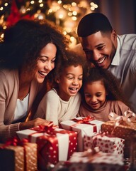 Obraz na płótnie Canvas Joyful Family Wrapping Gifts for the Holidays. Generative AI