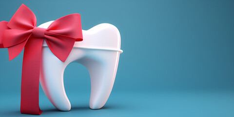 White tooth model with red ribbon on a sky blue background, New tooth concept