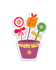 Christmas sweets, decor with candy on sticks, isolated on white background. Colour vector illustration with golden elements. Decorative icon for design.