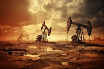 Impact of war on oil prices; rising due to global crisis. Desert oilfield derricks; crude oil production and petroleum extraction. Generative AI