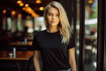 Fototapeta premium A Young Blonde Woman Dons a Bella Canvas Black T-Shirt and Jeans, Savoring Sunshine at a Cozy Restaurant, Featuring a T-Shirt Design Template and Print Presentation Mockup. created with Generative AI