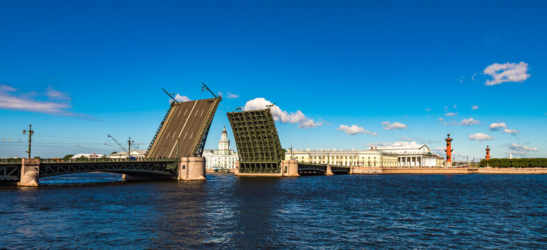 The Palace Bridge, a rare case of raising the bridge in the daytime, Saint Petersburg, Russia.