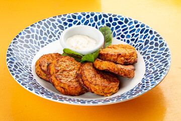 Pumpkin cutlets with white sauce in a decorative plate. Vegetarian dish. Isolated image on a white background.